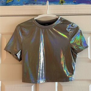 Shein Silver Holographic Cropped Tee
